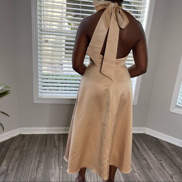 Windsor Gold Satin Embellished MIDI Halter Dress with Bow - Picture 5 of 13